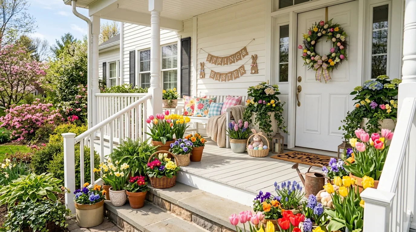 Front porch lined with spring flower pots